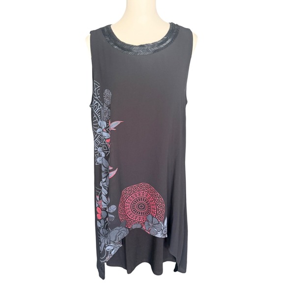 Desigual Tops - Desigual Black Beaded Neckline Mandala Floral Tunic Dress 19WVW92 Size 46 XL